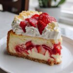 A decadent slice of strawberry shortcake cheesecake featuring a graham cracker crust, creamy filling with swirled strawberries, topped with whipped cream and fresh berries.