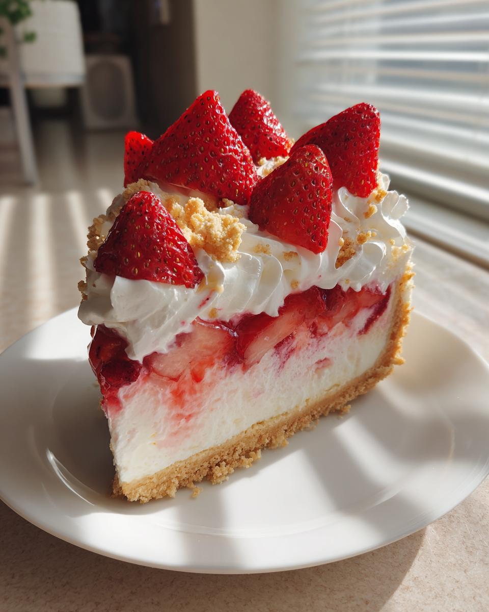 A delicious slice of strawberry shortcake cheesecake topped with whipped cream and fresh strawberries.