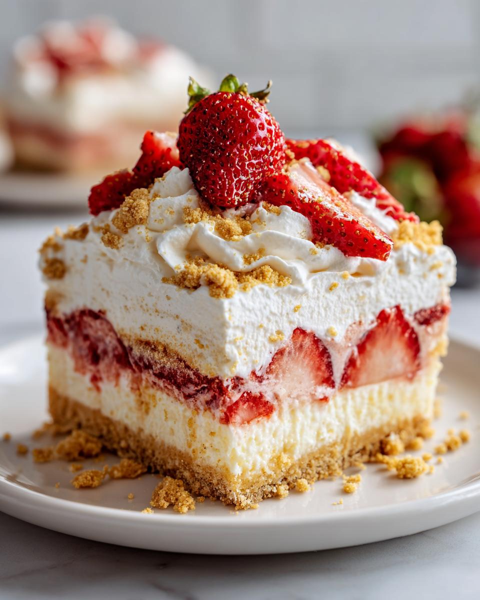 A decadent slice of strawberry shortcake cheesecake topped with whipped cream and fresh strawberries.
