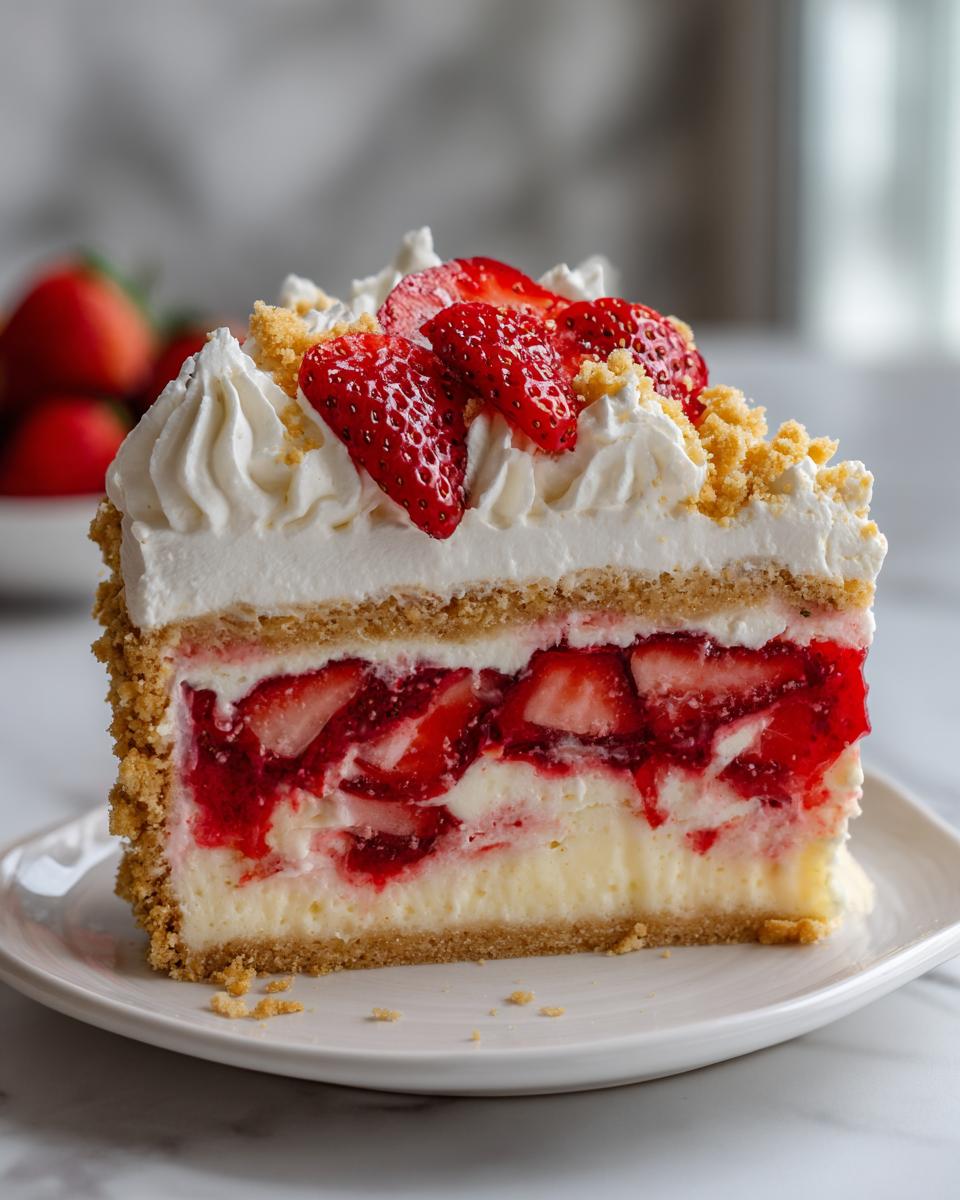 A tall slice of strawberry shortcake cheesecake featuring layers of graham cracker crust, creamy filling, strawberries, and whipped cream topping.