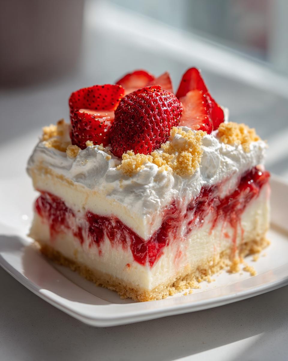 A decadent slice of strawberry shortcake cheesecake featuring layers of crust, creamy filling, strawberry topping, and fresh whipped cream.