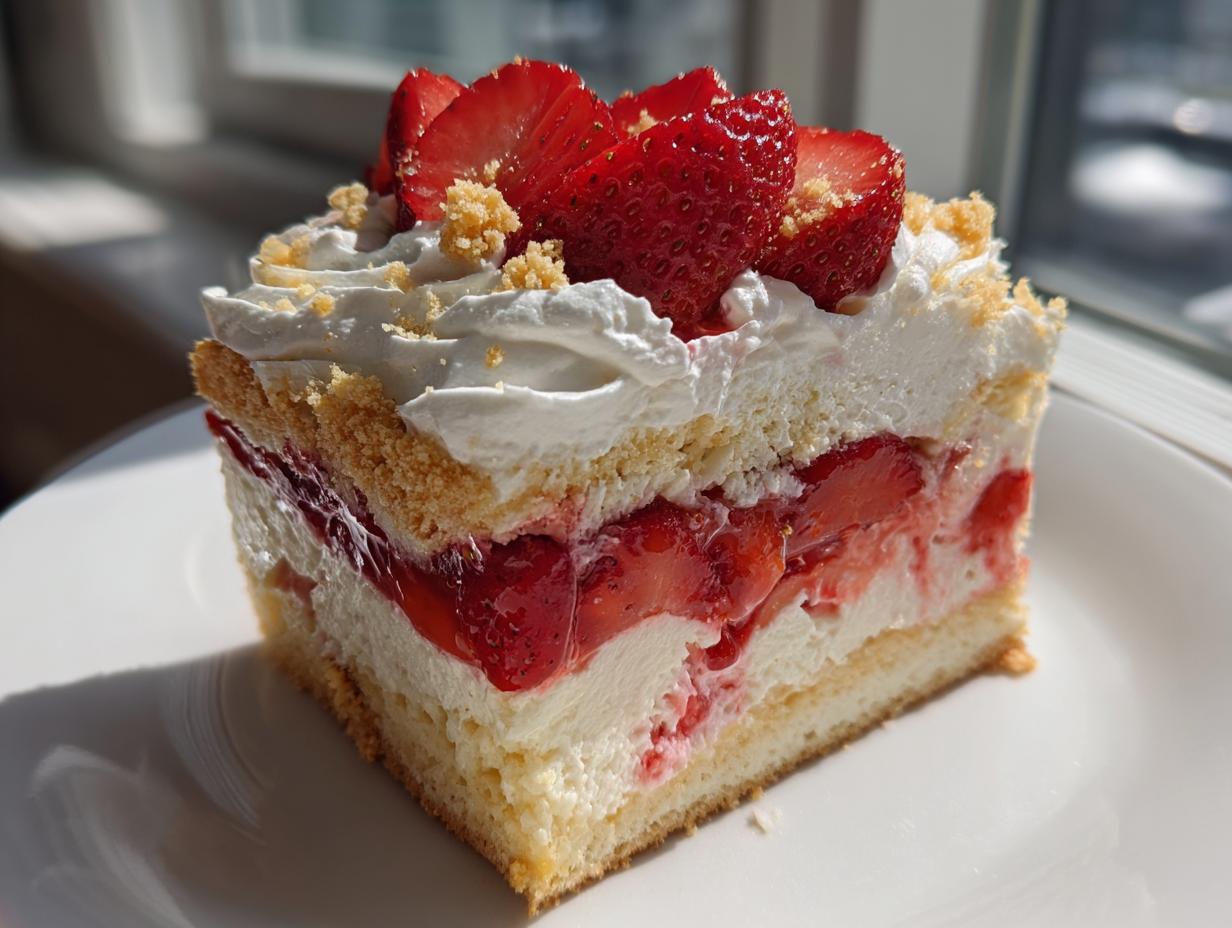 A decadent slice of strawberry shortcake cheesecake layered with cream, strawberries, and topped with whipped cream and fresh strawberry slices.