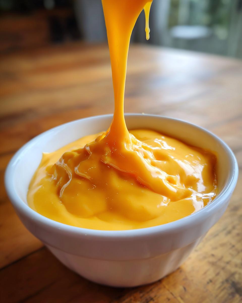 Close-up of rich, orange beer cheese dip being poured, showing a long, gooey stretch into a white bowl.
