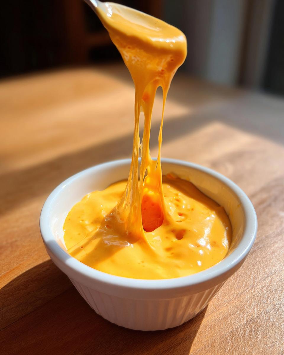 A spoonful of bright orange, gooey beer cheese dip stretches dramatically over a white ramekin.
