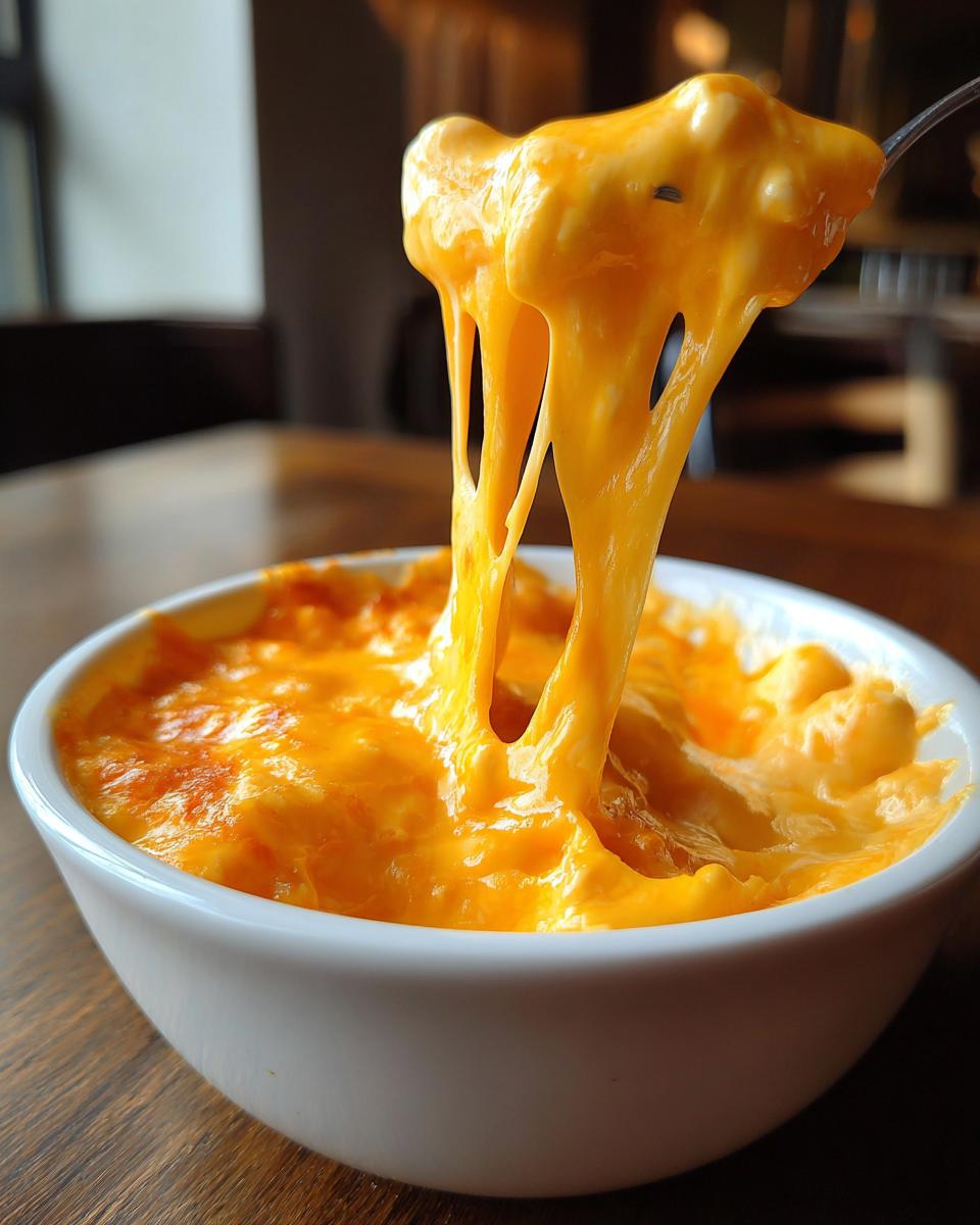 Close-up of a spoon lifting extremely stretchy, melted cheese from a bowl of beer cheese dip.