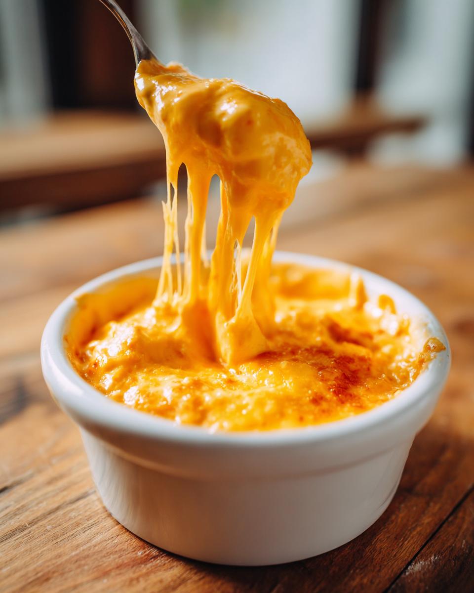 A spoonful of incredibly stretchy, melted beer cheese dip being lifted from a small white bowl.