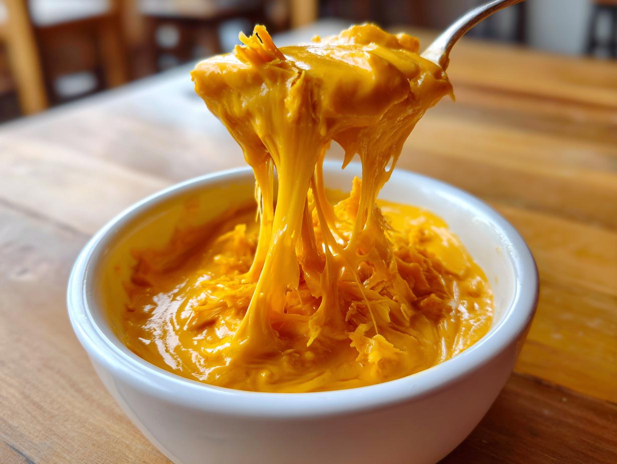 Close-up of a spoonful of incredibly stretchy, bright orange beer cheese dip being lifted from a white bowl.