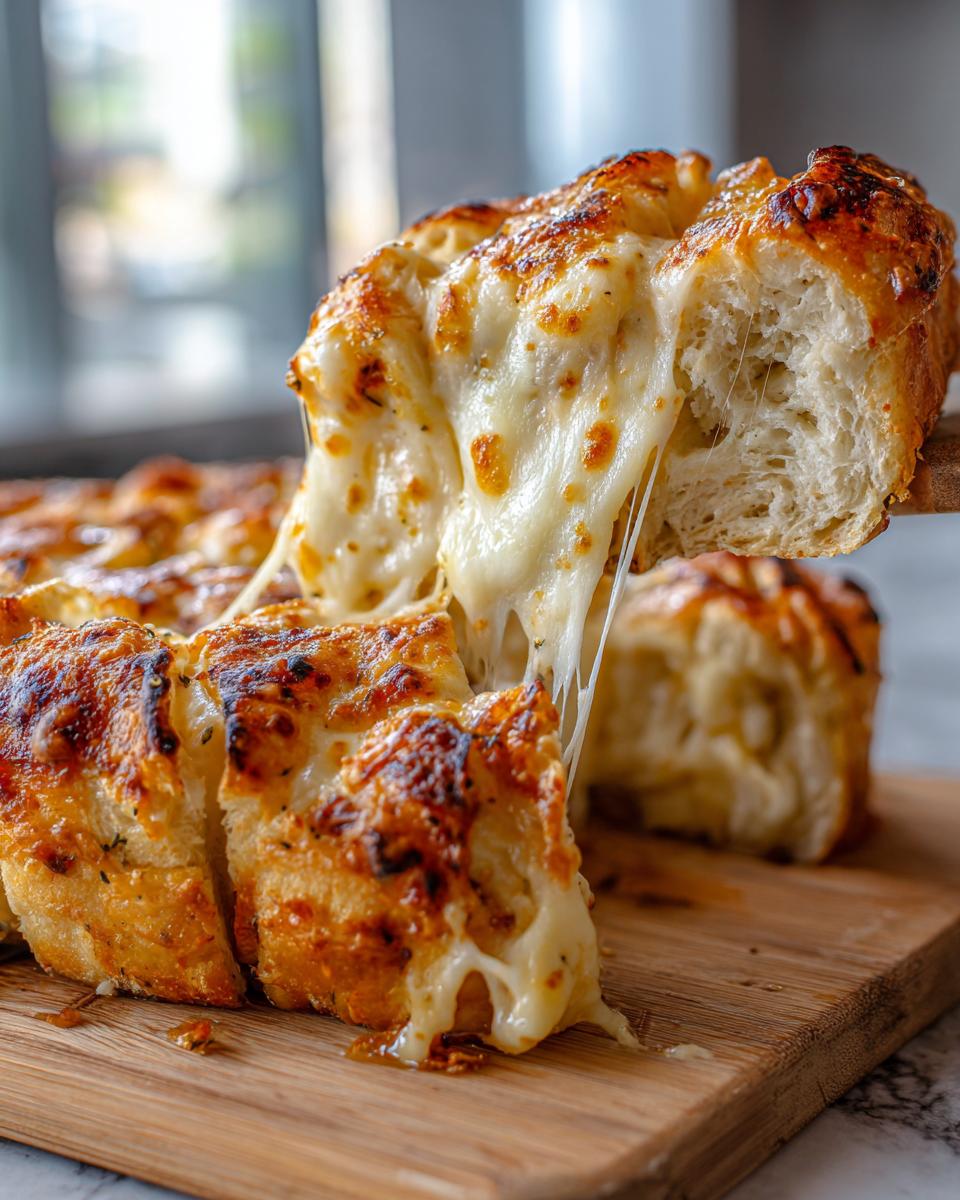 A piece of hot cheese bread is lifted, showing a dramatic, long cheese pull over the rest of the baked cheese bread.
