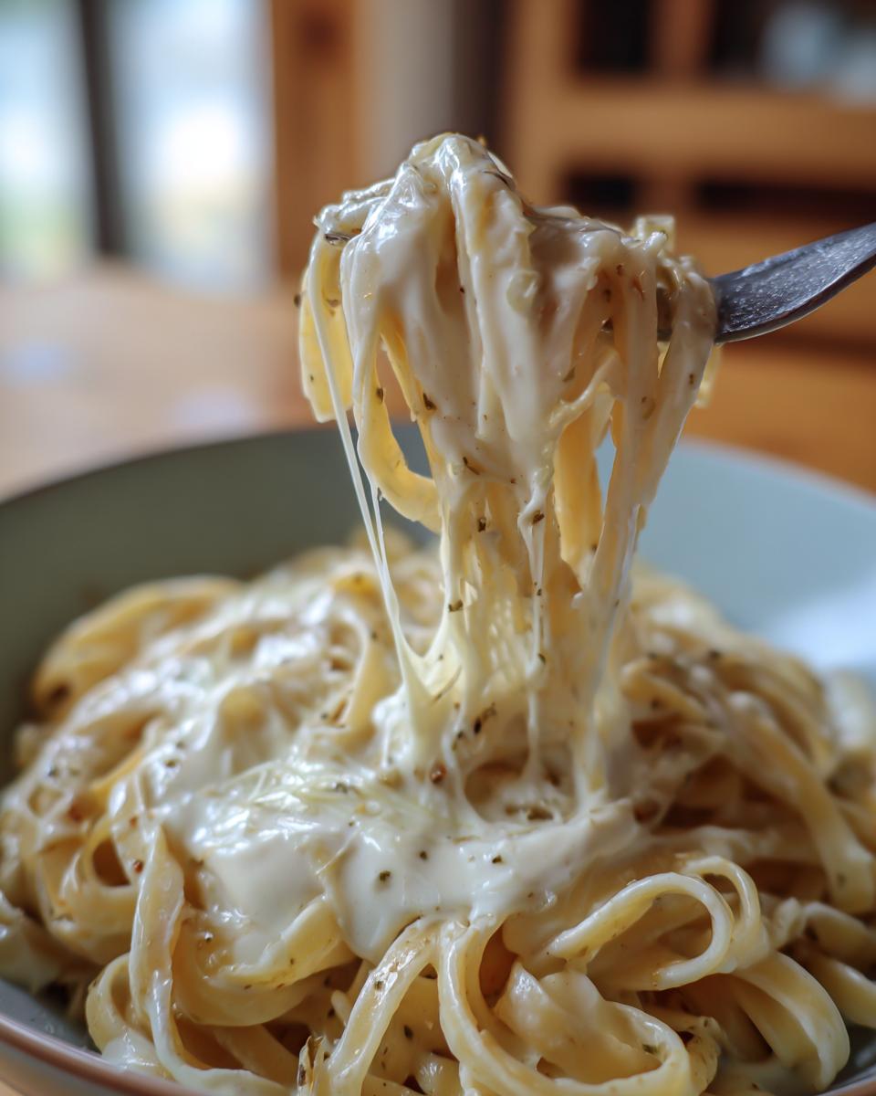 Close-up of fettuccine pasta coated in creamy vegan alfredo sauce being lifted by a fork, showing a cheese-like stretch.