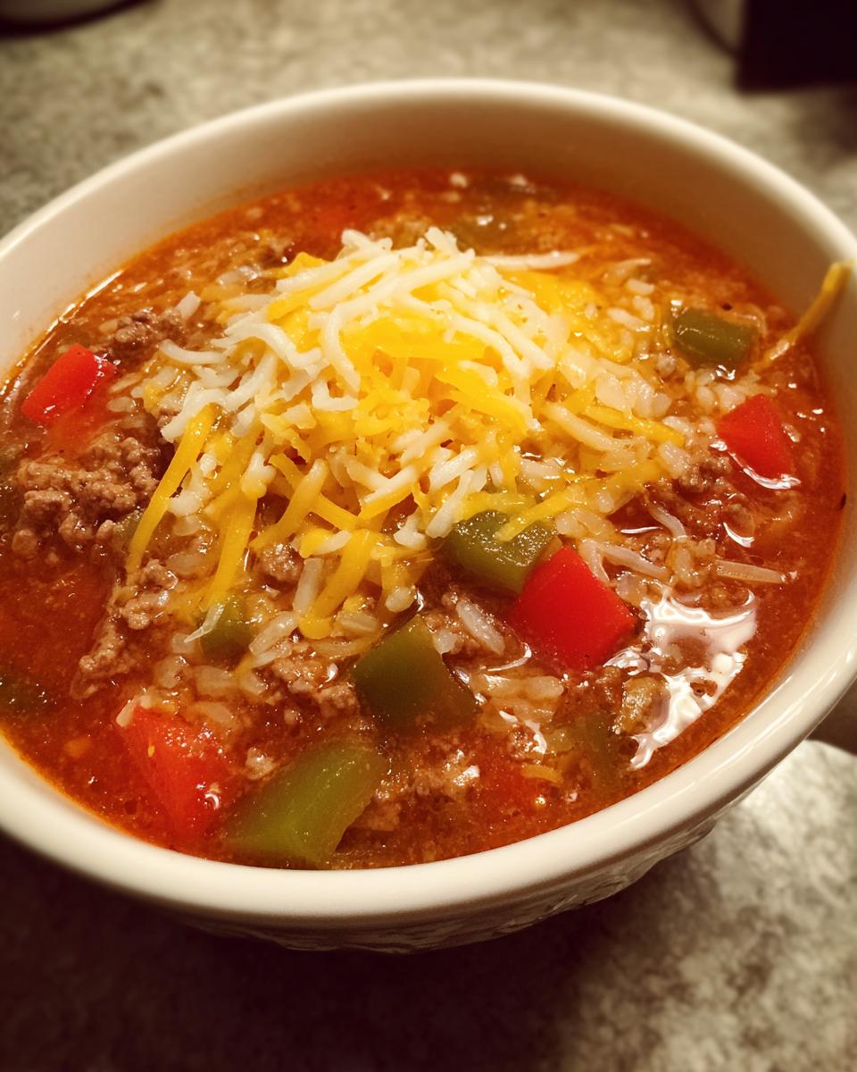 A close-up of a white bowl filled with rich, tomato-based stuffed pepper soup, topped with shredded cheese.