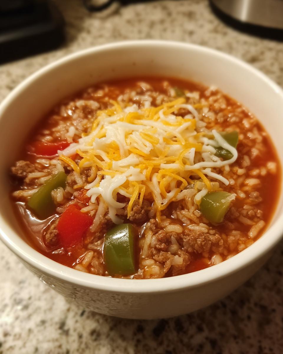 A close-up of a white bowl filled with hearty stuffed pepper soup, featuring ground meat, rice, peppers, and shredded cheese.
