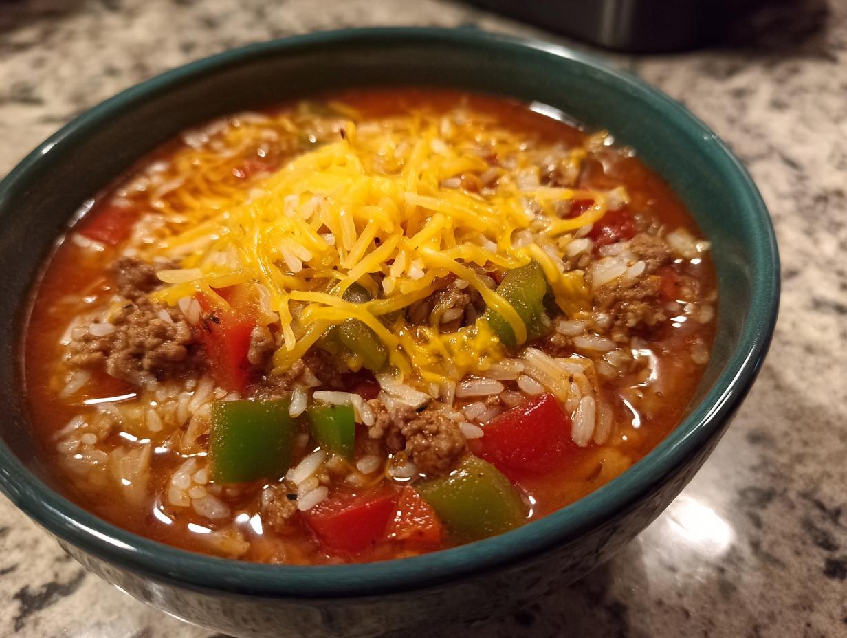 Close-up of a bowl of stuffed pepper soup featuring ground meat, rice, red and green peppers, topped with shredded cheddar cheese.