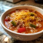 Close-up of a white bowl filled with stuffed pepper soup, featuring ground beef, rice, tomatoes, green peppers, and melted cheddar cheese.