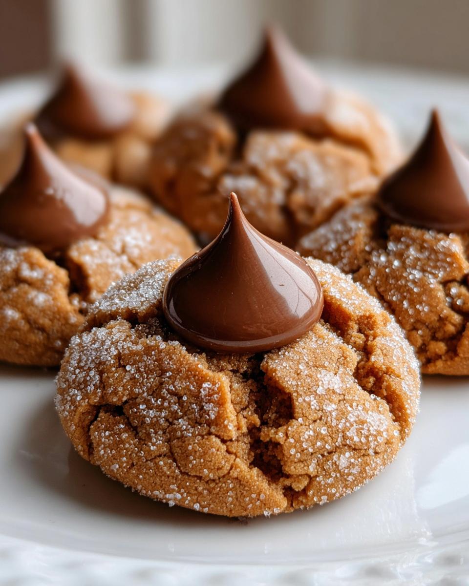 Close-up of a freshly baked, sugar-coated peanut butter kiss cookies topped with a melted chocolate candy.