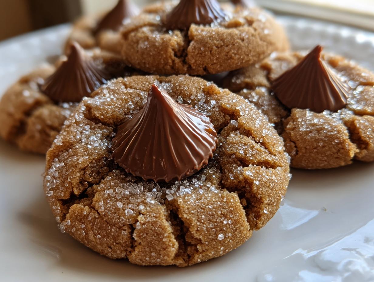 Close-up of several freshly baked, sugar-coated kiss cookies topped with melted chocolate Hershey's Kisses.