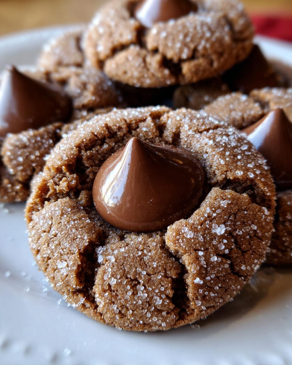 Close-up of a stack of rich, brown peanut butter blossoms cookies rolled in coarse sugar with a chocolate kiss pressed in the center.