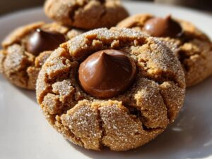 Close-up of a freshly baked peanut butter blossoms cookie, coated in sugar, with a milk chocolate kiss pressed into the center.