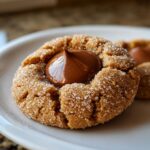 A close-up shot of a freshly baked, sugar-coated peanut butter blossoms cookie with a dollop of melted chocolate in the center.