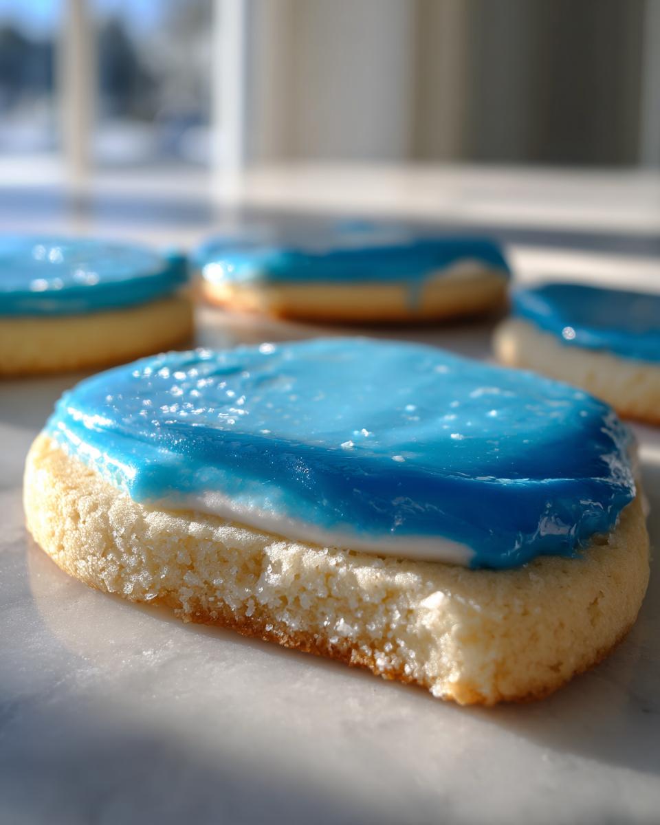 Close-up of a sugar cookie with bright blue sugar cookie icing that hardens, showing a bite taken out.