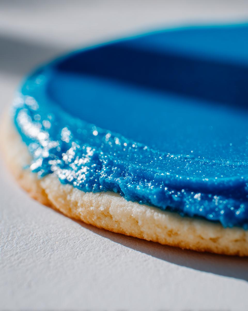 Macro shot of a sugar cookie edge topped with vibrant blue sugar cookie icing that hardens.