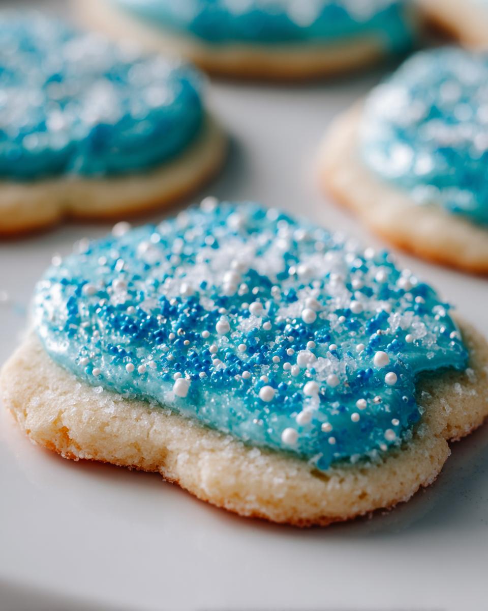 Close-up of a sugar cookie with bright blue icing that hardens, topped with blue and white sprinkles.