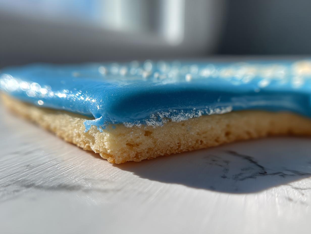 Extreme close-up side view of a sugar cookie with thick, bright blue sugar cookie icing that hardens, sitting on a white surface.