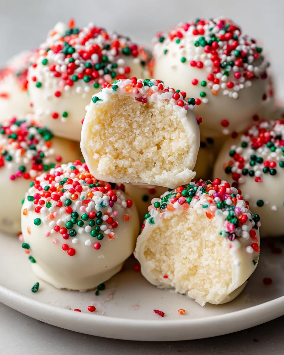 Close-up of several white chocolate sugar cookie truffles coated in red, green, and white sprinkles, with one bitten open showing the dense interior.