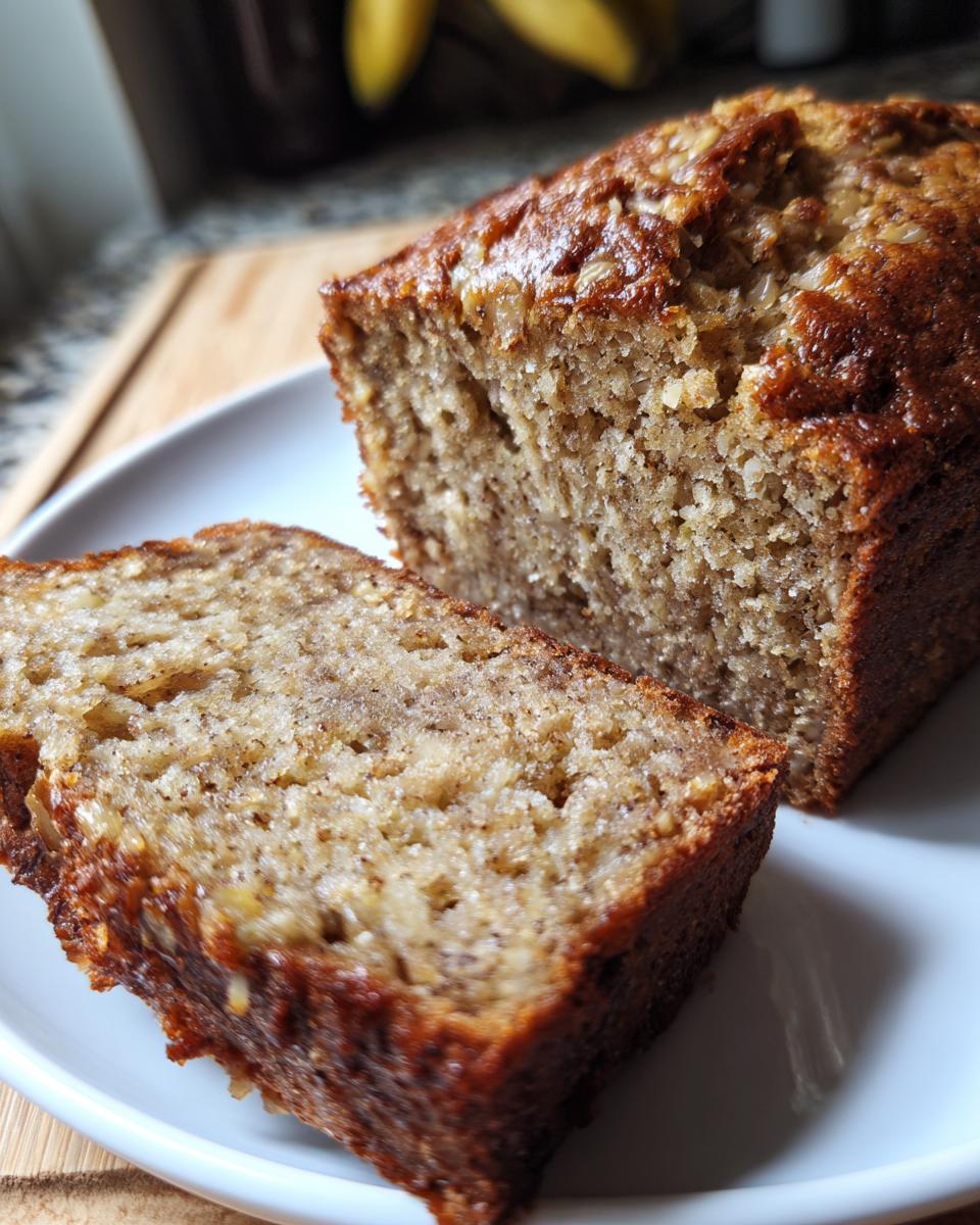 Close-up of a slice cut from a moist loaf of sugar free banana bread on a white plate.