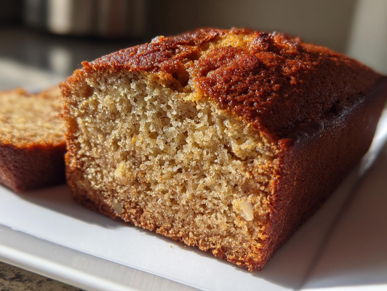 Close-up of a freshly baked slice of sugar free banana bread showing a moist crumb and golden-brown crust.