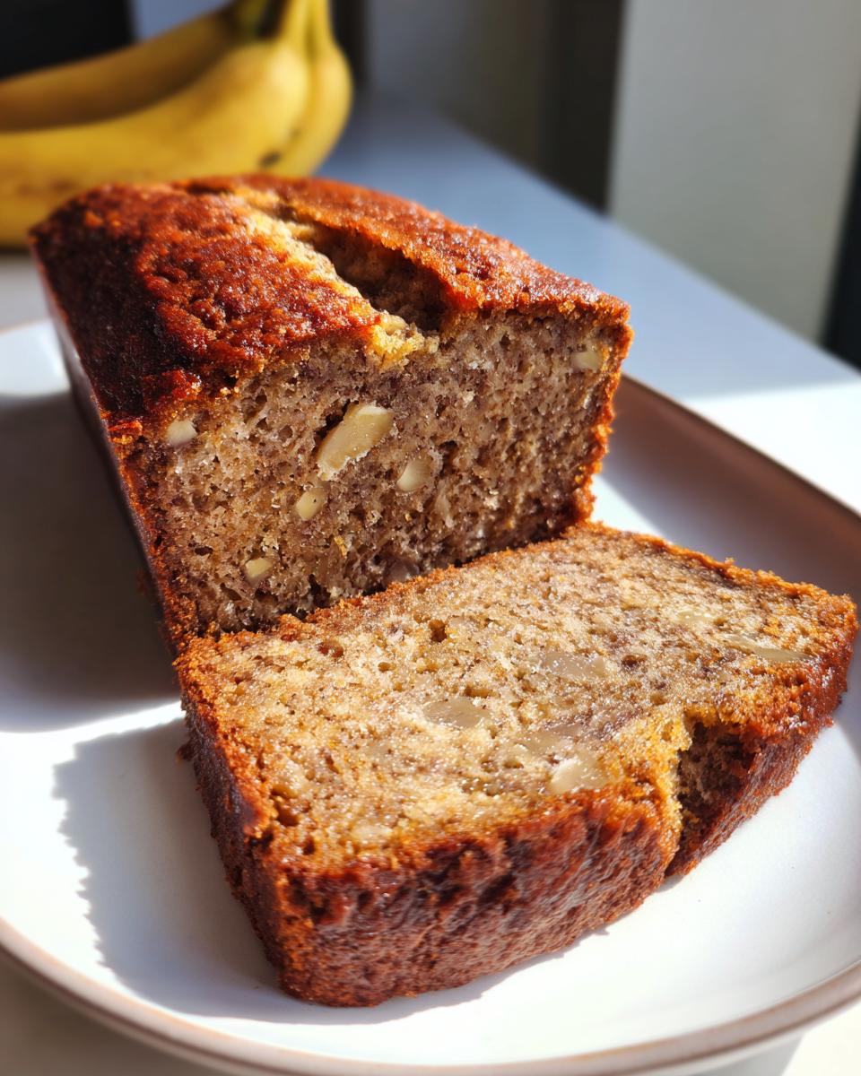 A slice cut from a loaf of moist sugar free banana bread showing visible walnuts inside.