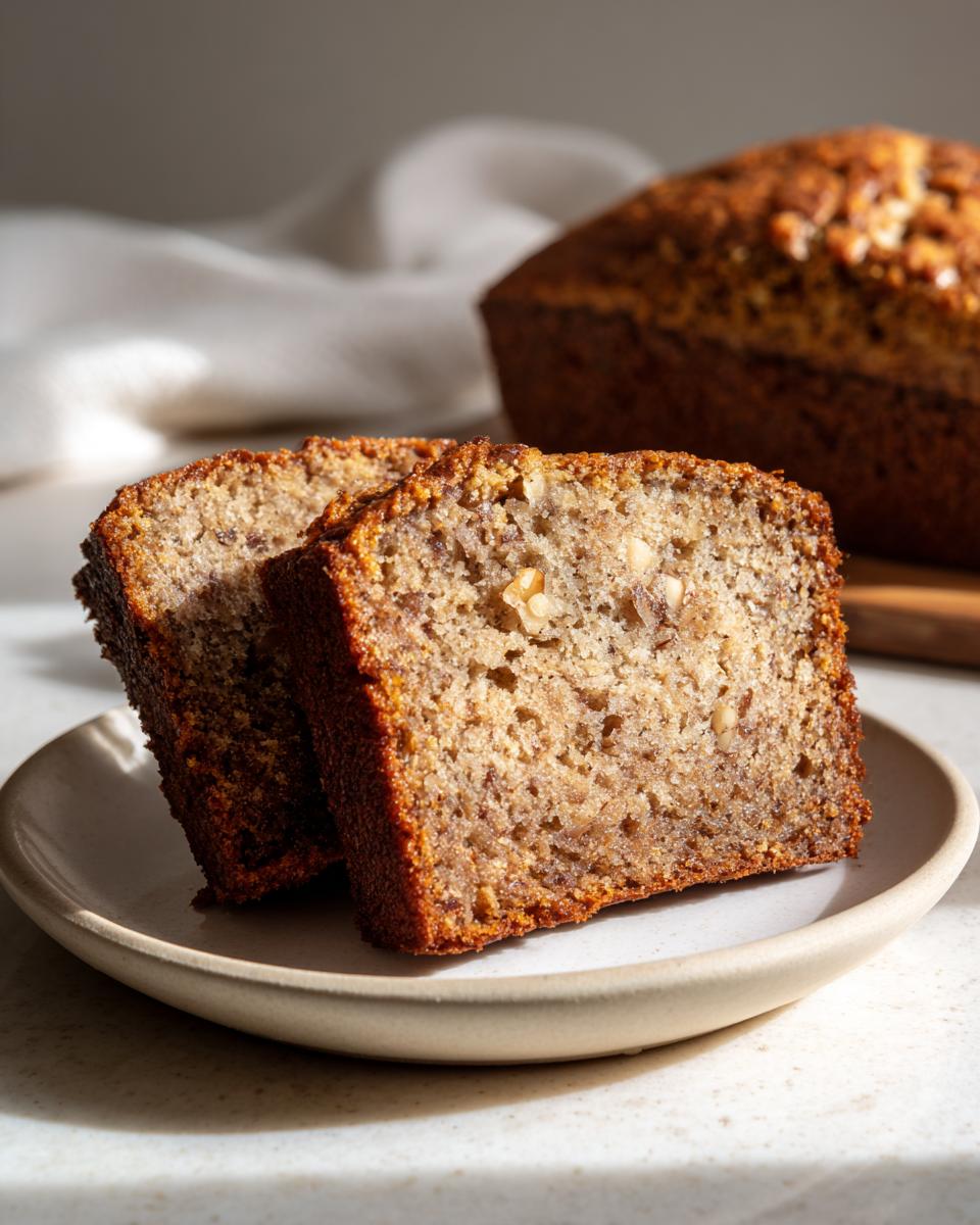 Two thick slices of moist sugar free banana bread with visible nuts on a small plate.