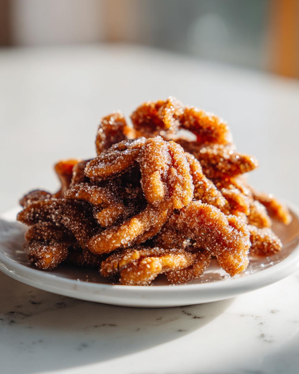 A mound of freshly made candied pecans recipe nuts coated heavily in sparkling sugar, resting on a small white plate.