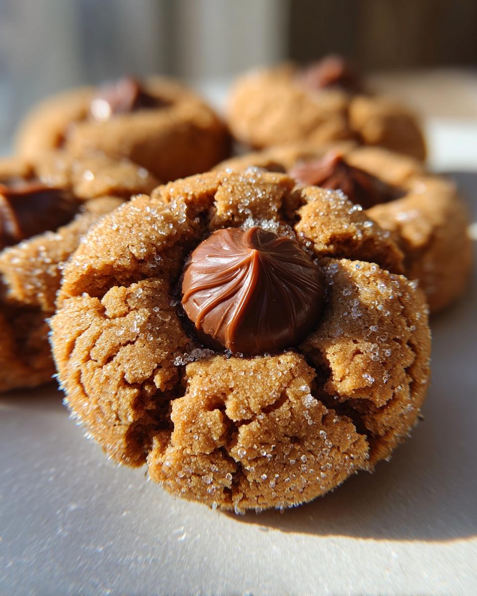 A close-up, sunlit photo of a freshly baked kiss cookie rolled in sugar with a chocolate candy pressed into the center.