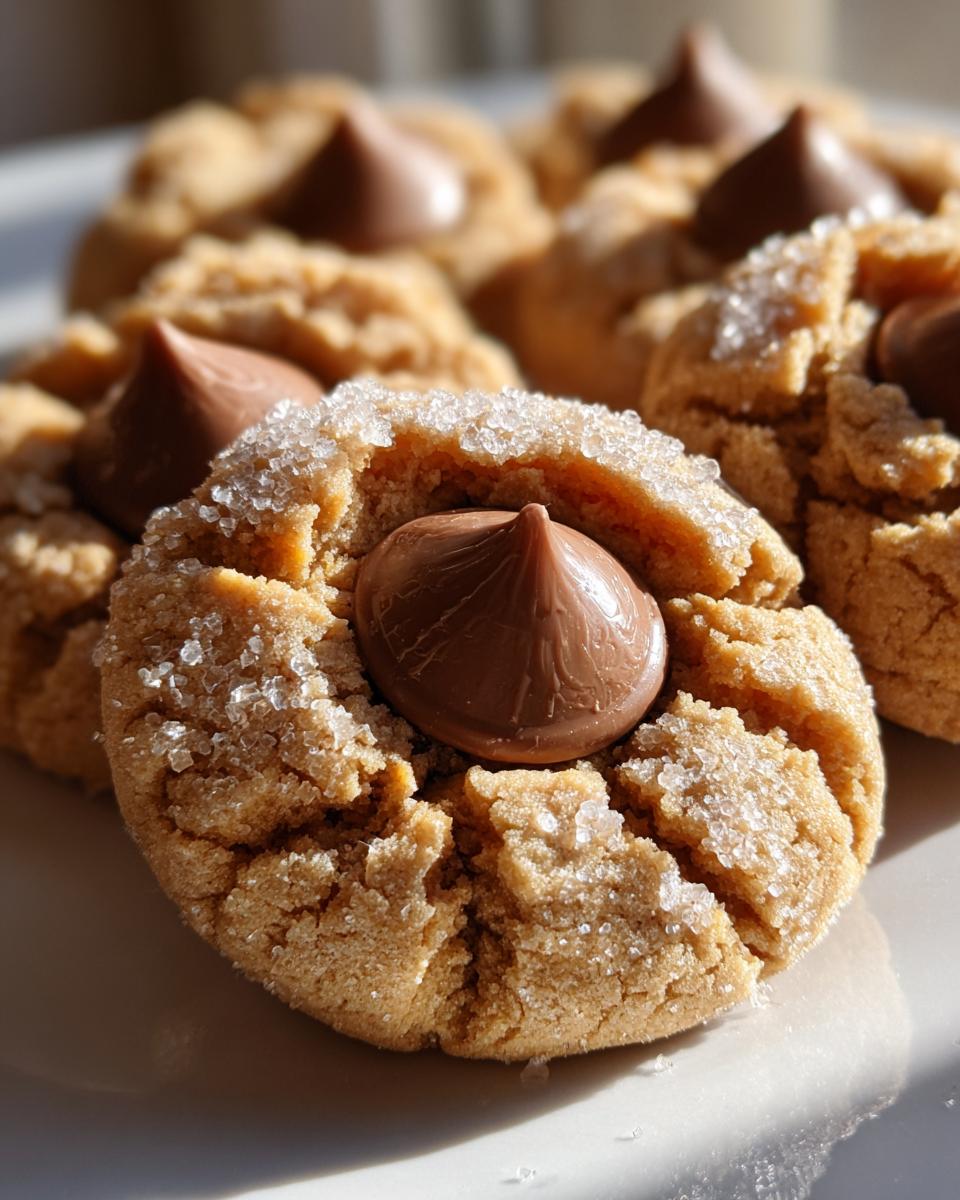 Close-up of a freshly baked peanut butter kiss cookie, rolled in sugar, with a milk chocolate kiss pressed into the center.