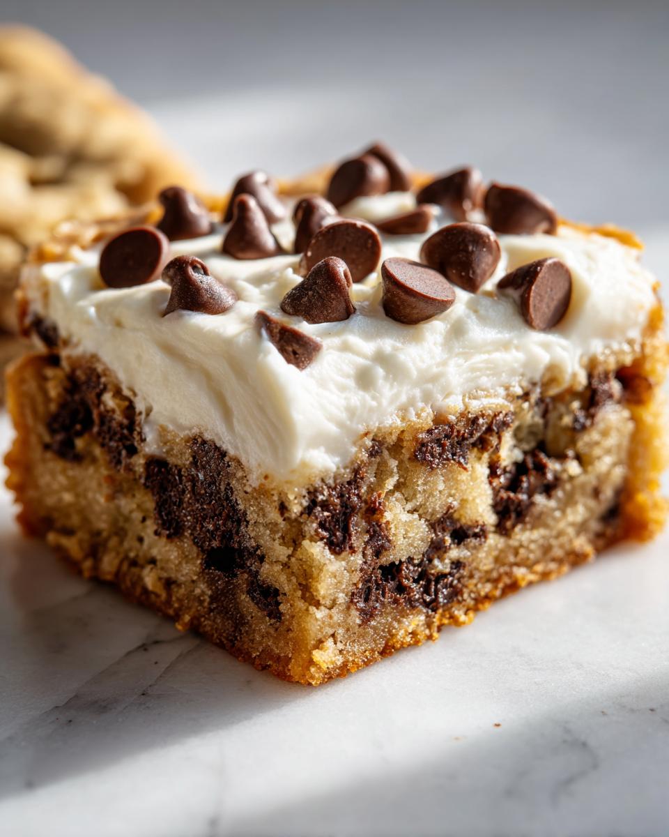 Close-up of a rich slice from a cookie cake recipe, topped with thick white frosting and chocolate chips.