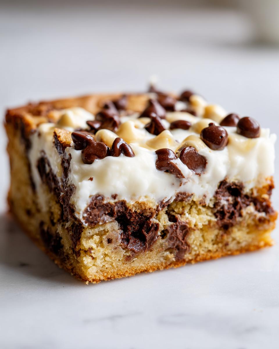 Close-up of a thick slice of cookie cake recipe featuring a chocolate chip base and white frosting topped with chocolate chips.