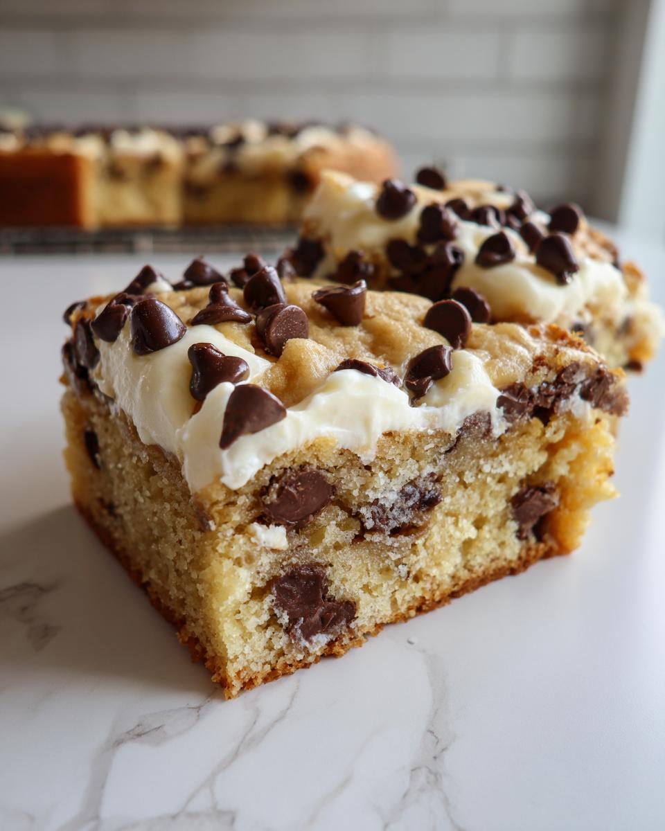Close-up of a thick slice of cookie cake recipe topped with white frosting and chocolate chips.