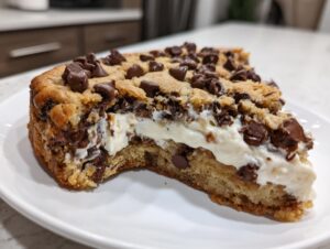 A thick slice of chocolate chip cookie cake recipe featuring a creamy white filling, served on a white plate.