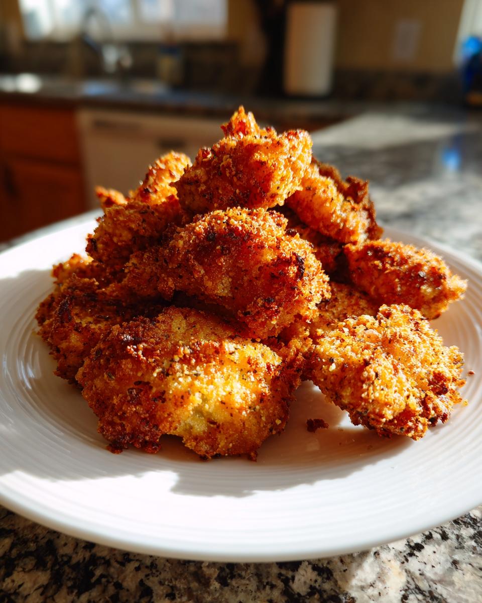 A pile of perfectly golden brown, crunchy Fried Pickles stacked on a white plate in a sunlit kitchen.