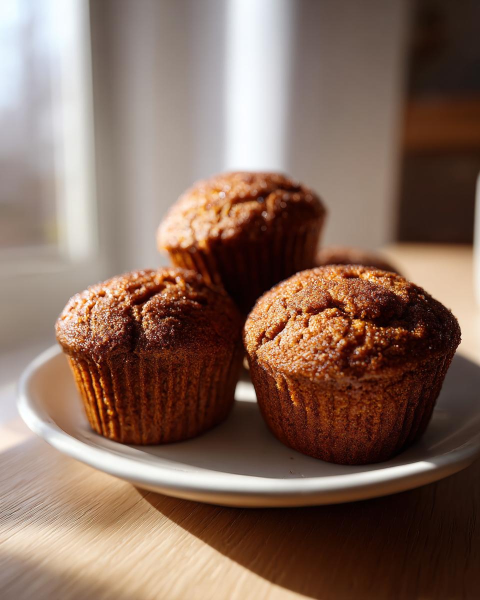Three freshly baked, dark brown sweet potato muffins resting on a white plate, illuminated by sunlight.