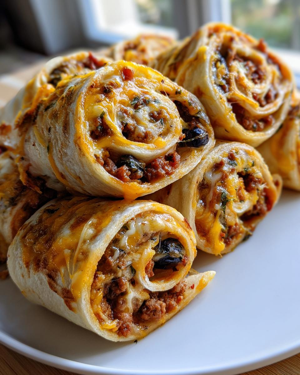 A close-up stack of freshly baked taco pinwheels filled with seasoned ground meat, cheese, and black olives.