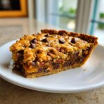 A close-up slice of rich Texas Trash Pie showing layers of gooey filling, pecans, and chocolate chips on a white plate.