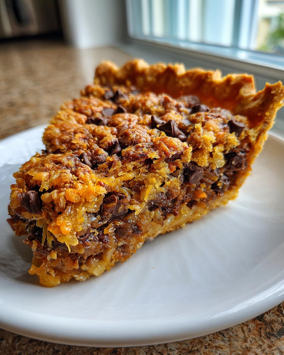 Close-up of a rich slice of texas trash pie showing a crumbly, coconut-filled topping and chocolate chips.