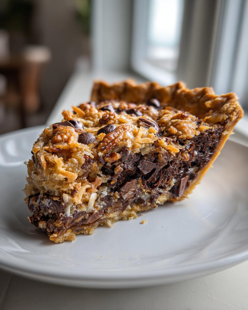 A close-up slice of rich Texas trash pie showing a chocolate filling, pecans, coconut, and chocolate chips on a white plate.