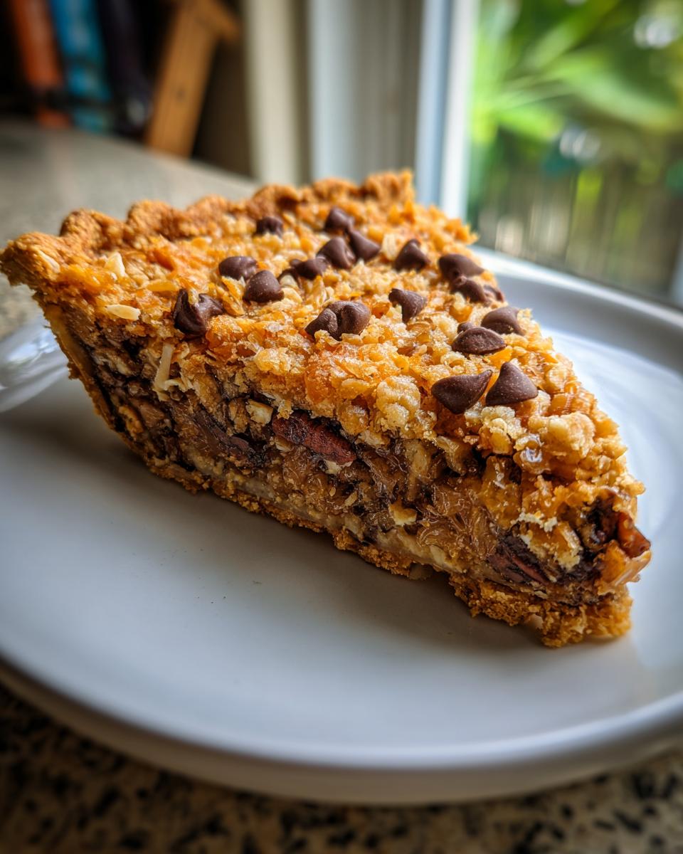 A close-up slice of rich Texas Trash Pie featuring a crunchy topping and chocolate chips on a white plate.