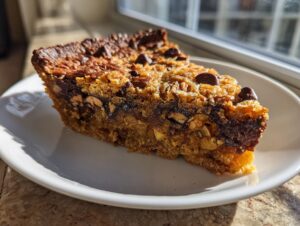 A close-up slice of rich Texas Trash Pie featuring nuts, chocolate chips, and a buttery crust, sitting on a white plate.