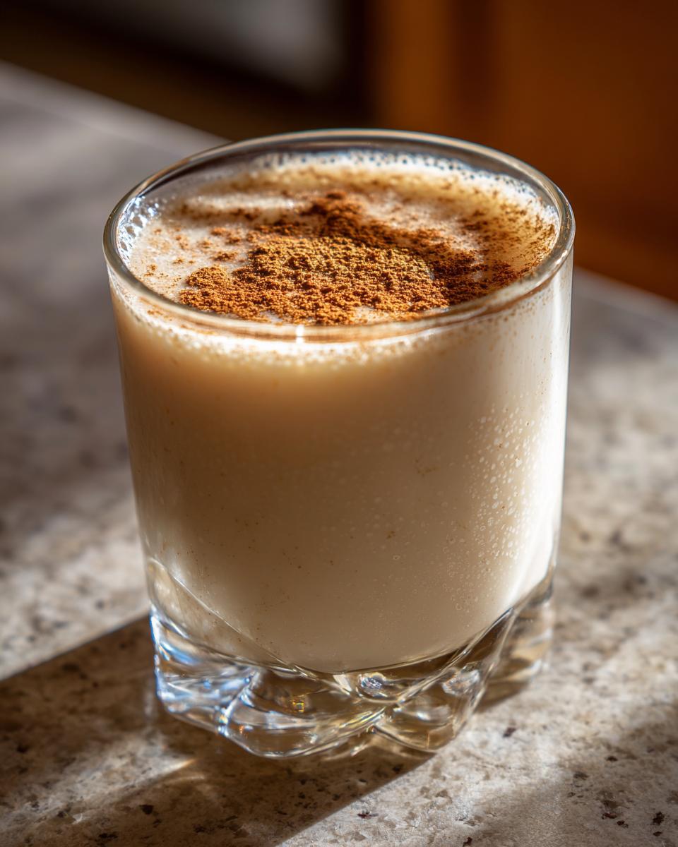 Close-up of a glass filled with thick, creamy coquito topped generously with ground cinnamon.