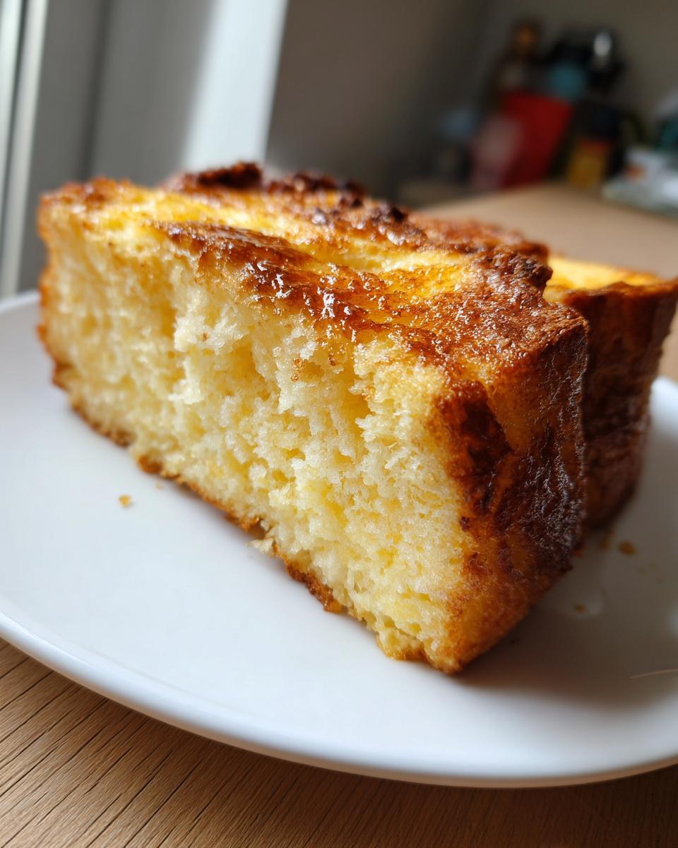 Close-up of a thick, golden-brown slice of easy french toast served on a white plate.