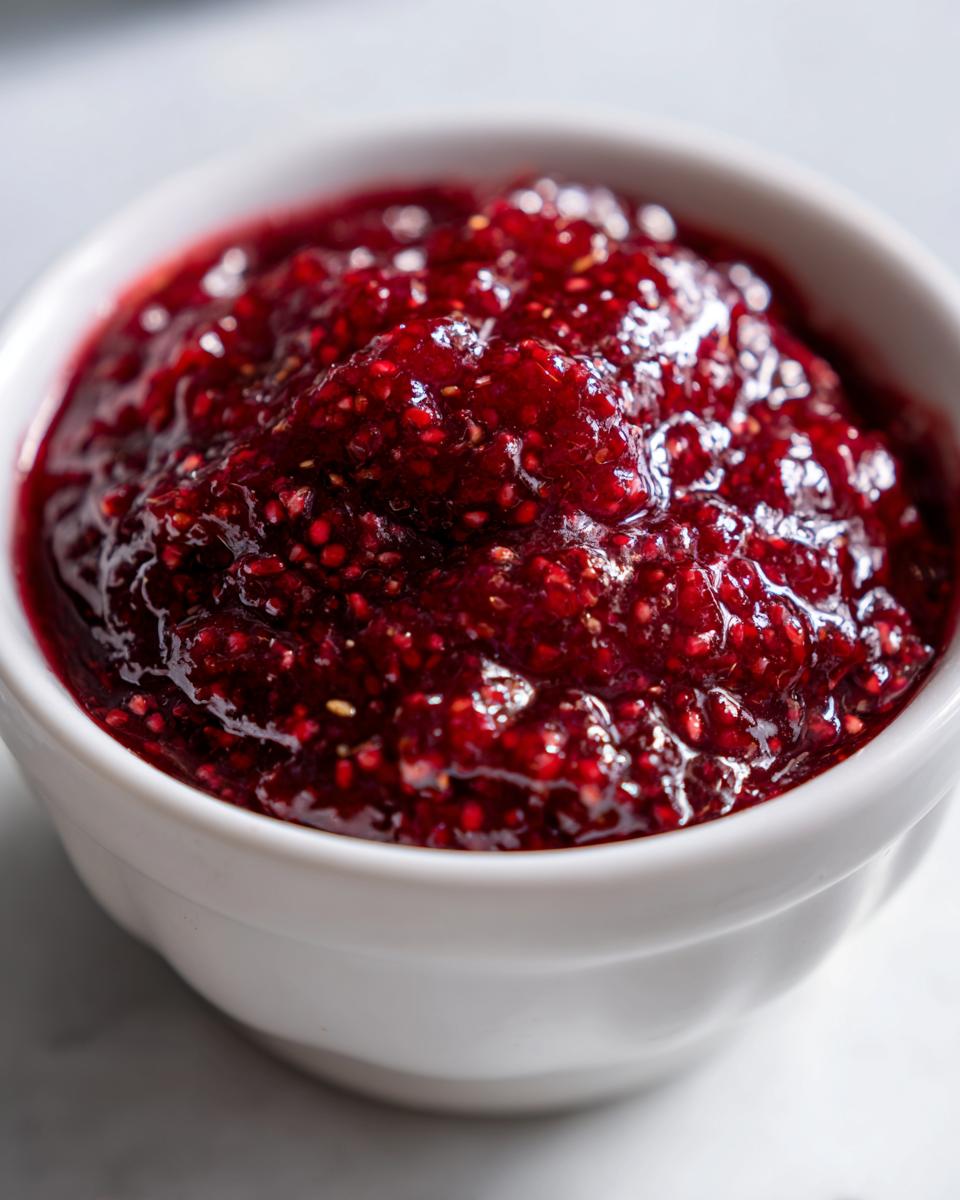 A close-up shot of thick, vibrant red raspberry jam with visible seeds in a small white bowl.