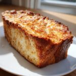 A thick, golden-brown slice of easy french toast resting on a white plate, backlit by sunlight.
